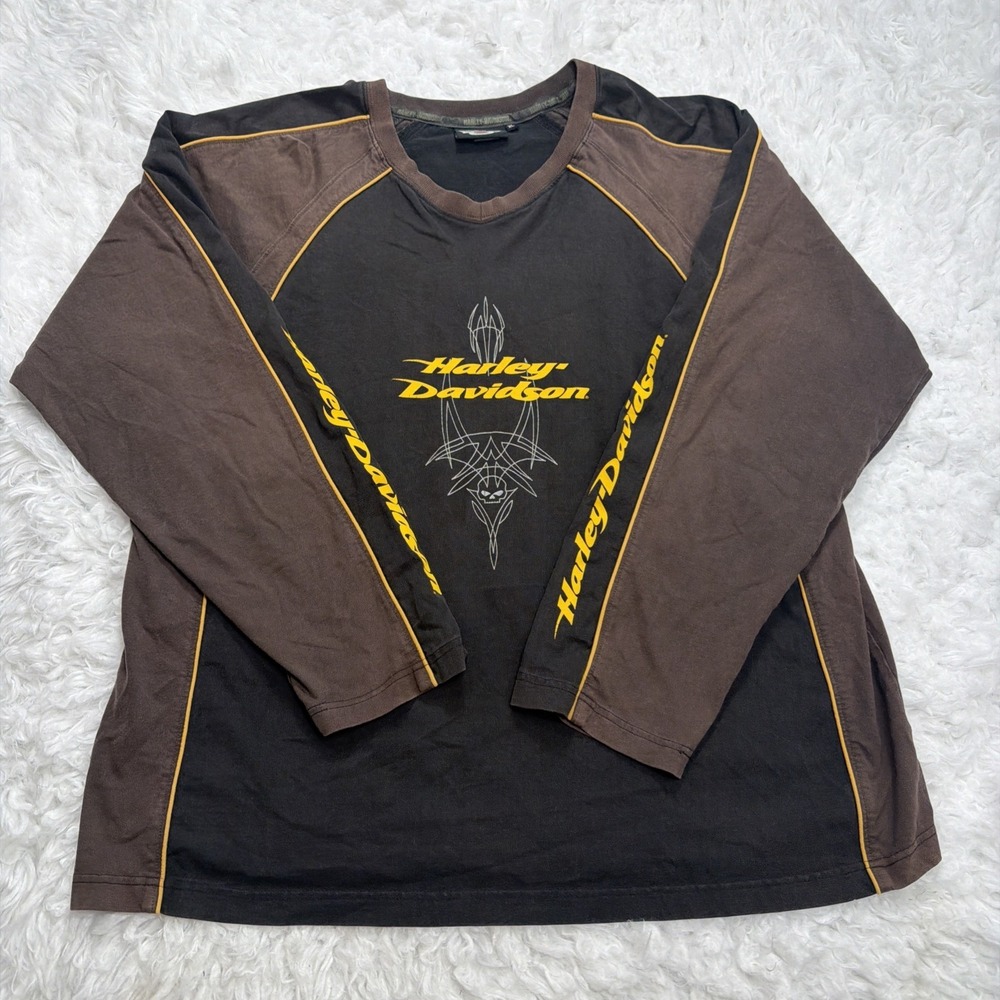 Vintage Y2K Harley Davidson Long T-Shirt Tribal Graphics Logo Sleeve Black XL